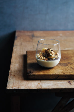 Truffle creams with maple syrup poached apple and oat crunch
